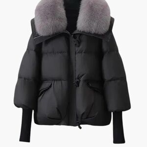 Wilfred Charcoal Puffer Jacket with fox Ash Fur Collar